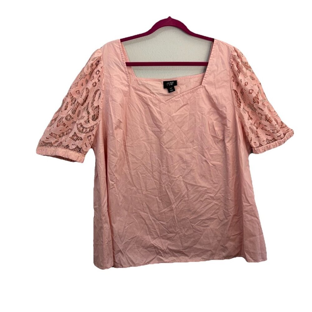 June Vie Lace Sleeve Pink Blouse Women 1X Cotton Blend